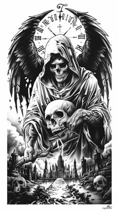 a black and white drawing of a skeleton holding a skull with an angel on it