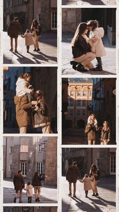 several pictures of people walking around in the street with one woman holding onto another person's hand