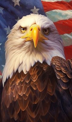 an eagle with the american flag in the background