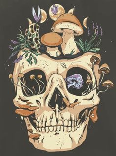 a skull with mushrooms on it's head and flowers in its hair is shown