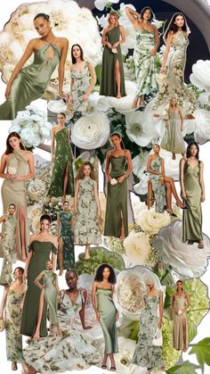 a collage of women in dresses and flowers