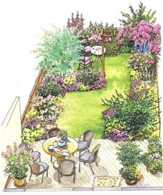 an artist's rendering of a garden with tables and chairs