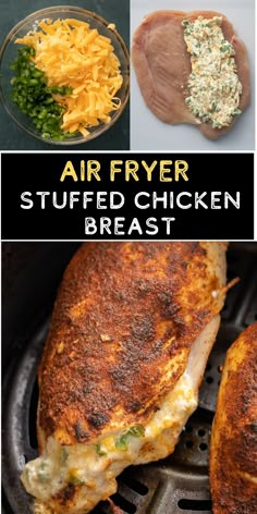 Multiple step-by-step photos of preparing air fryer stuffed chicken breast followed by a larger photo of cooked air fryer stuffed chicken in the air fryer basket. Air Fryer Chicken Breasts, Bbq Chicken Breast Recipe, Air Fryer Bbq Chicken, Air Fryer Recipes Chicken Breast, Air Fryer Chicken Breast, Ninja Foodie Recipes, Air Fryer Recipes Dessert, Air Fryer Recipes Snacks, New Air Fryer Recipes