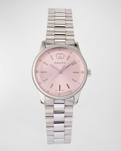 Find GUCCI G-timeless Slim Watch With Diamonds And Bracelet Strap on Editorialist. GTimeless watch from Gucci Case dimensions: approx. 40mm Stainless steel case and bracelet Light pink dial with baton indices Interlocking G and logo text at 12 o'clock White diamonds at 3 o'clock and 9 o'clock GUCCI text from 10 to 2 o'clock and 8 to 4 o'clock Threelink bracelet strap with folding closure Sapphire glass window; antireflecting coating Diamond total carat weight: 0.008 Water resistant to 5 ATM Thre Slim Watches, Timeless Watches, Logo Jewelry, Gucci Glasses, Latest Watches, Logo Text, Watch Chain, Fine Watches, Timeless Jewelry