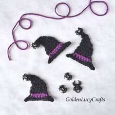 Crochet Witch Hat Applique, Halloween Garlands, Crochet Witch Hat, Hat Free Crochet Pattern, Crochet Witch, Crochet Bat, Spider Crafts, Halloween Crochet Patterns, Halloween Crochet