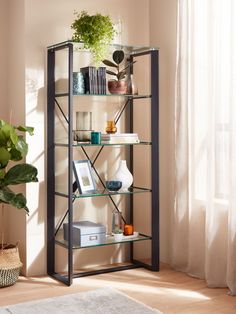 a shelf with plants and books on it in a room next to a potted plant