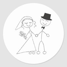 a sticker with a drawing of a bride and groom holding hands, on top of a white background