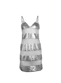 Giving silver fox a whole new meaning. Our Sequin Stripe Mini Slip, featuring sequin and mesh paneling. Ultra mini length designed to be short. Double lined skirt panel with invisible side zip closure. Pair with heels and your favorite Essentiels panty for a look that goes perfectly from happy hour to after hours. Body: 100% NylonSequins: 100% PolyesterCombo: 92% Silk & 8% ElastaneLining: 100% NylonLining 2: 85% Polyamide & 15% ElastaneDry clean; or hand wash cold, do not bleach, do not tumble dry Model is 5'7 and wearing a size S.Size Small measures 20.5" from neckline to hem. White Contrast Sequin Mini Dress, Party-ready Contrast Sequin Mini Dress, Luxury V-neck Sequin Mini Dress, Metallic V-neck Sequin Dress, Metallic V-neck Mini Dress With Sequins, Mini Slip, High Waist Bottoms, Silver Sequin, Lace Bodysuit