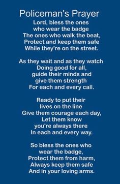 the poem policeman's prayer on a blue background with white lettering and an image of