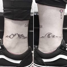 two tattoos on the legs of people with mountains and waves tattooed on their ankles