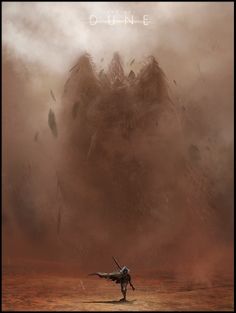 a man standing on top of a dirt field under a sky filled with clouds next to a giant monster