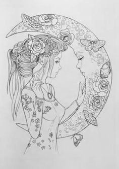 a drawing of two women with flowers on their head and one holding the other's hand