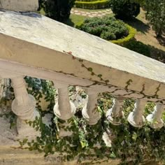 an old stone balcony with vines growing on the railing and in between it is a garden