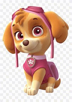 a cartoon dog wearing a pink hat with big eyes, sitting down and looking at the camera