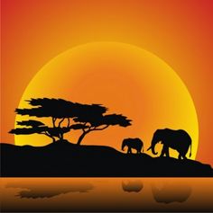 an elephant and her baby are silhouetted against the setting sun in this landscape painting