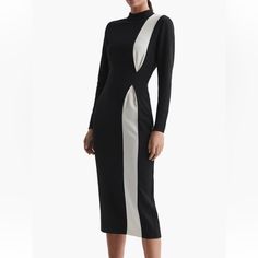 Reiss. Millie Contrast-Stripe Stretch-Woven Midi Dress. Black/White. Size 4. The Black Millie Dress Is Designed With A White Stripe To The Front. Cinched With A Removable Waist Belt. A High Neckline, Long Sleeves, And Zipped Cuffs. Elegant Vertical Stripes Workwear Dress, Luxury Striped Elegant Midi Dress, Chic Black And White Knee-length Midi Dress, Elegant Midi-length Dress With Vertical Stripes, Black Reiss Dress, Sheer Slip Dress, Burgundy Midi Dress, Twist Front Dress, Milly Dress