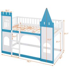 a blue and white bunk bed with a castle on the top, measurements for it