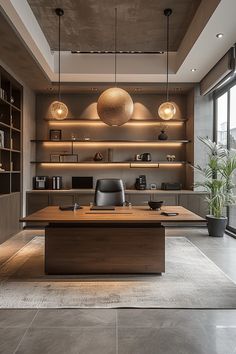 an office with wooden desk, shelves and hanging lights above the desk is a potted plant