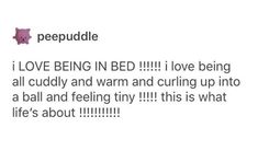 a tweet that reads peppuddle i love being in bed i love being all cuddly and warm and curling up into a ball and feeling tiny this is what life's about