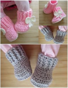 three pictures of crocheted baby booties and socks with bows on the toes