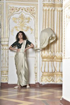 Oyster Grey Satin Drape Saree - Trendroots Designer Silk Draped Saree, Pre-draped Georgette Saree With Gota Work, Georgette Pre-draped Saree With Gota Work, Designer Draped Traditional Wear With Resham Embroidery, Silk Blouse Piece With Gota Work For Reception, Navratri Draped Sets With Cutdana, Navratri Draped Cutdana Sets, Designer Silk Draped Dupatta, Silk Designer Wear Draped Dupatta