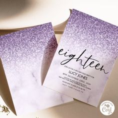 two purple and white wedding cards with the word eighteen printed on them