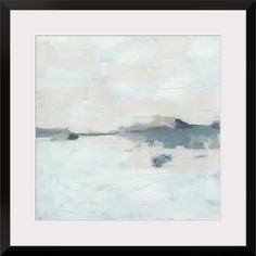 an abstract painting with white and blue colors on the water, in a black frame