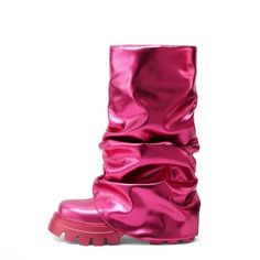 Slip On Comfy Platform Glitter Boots, Fold Over Stacked Fashion Show Boots Magenta Shoes, Ladies Long Boots, Dancing Club, Platform Boots Chunky, Glitter Boots, Trendy Boots, Color Magenta, Boots Women Fashion, Sole Shoes