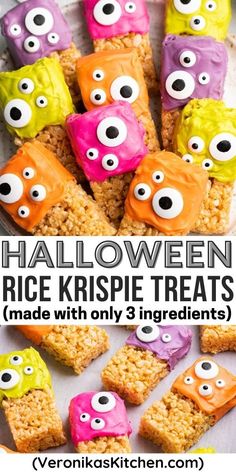 Rice krispie treats, topped with colored icing and candy eyes. Rice Krispie Treat Monsters, Rice Crispy Monsters, Rice Krispie Monster Treats, Halloween Desserts Rice Crispy Treats, Monster Rice Crispy Treats, Halloween Chocolate Covered Rice Crispy, Rice Crispy Halloween Treats, Monster Rice Krispie Treats Halloween, Halloween Rice Crispy Treats Ideas