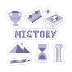 the words history are shown in purple sticker set on a white background with various items