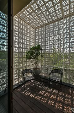 two chairs and a potted plant on a wooden floor in front of a pergolated wall