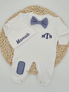 This adorable baby boy romper set is perfect for any new little man! The romper  includes an embroidered three-letter monogram with navy and light blue plaid bow tie, leg patch and first name embroidered on cap. The bow tie is sewn on and washes very well. Please be sure to include all monogram and name info in the personalization box. We would prefer to be given the baby's full name at checkout. If we are given only three letters for the monogram, without the designation of which initial is whi Baby Boy Coming Home Outfit, Boy Coming Home Outfit, Light Blue Plaid, Branded Outfits, Plaid Bow Tie, Newborn Boy Clothes, Personalized Baby Boy, Baby Boy Clothing Sets, Letter Monogram