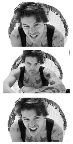 three different shots of a man with tattoos on his arms and chest, in black and white