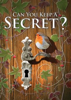 a bird sitting on top of a wooden door with leaves around it and the words can you keep a secret?