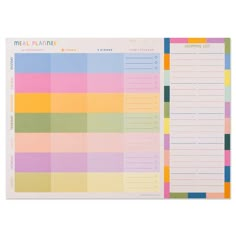 a multicolored planner with the words meal plan written on it, in front of a white background