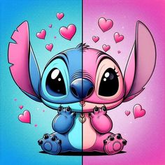 two different pictures of the same cartoon character, one with hearts on its chest and one with