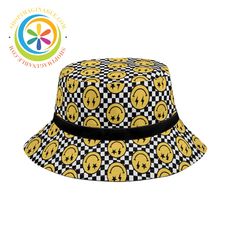 Show off your bright, playful spirit with the Happy Face Bucket Hat! This lightweight hat features a black and yellow checkered pattern covered in cheerful happy faces. Make a bold statement and spread joy wherever you go in this bright and quirky hat. Great for both men and women, it adds a fun pop of color and personality to any outfit. With its happy face print and vibrant colors, this hat is sure to put a smile on your face. Gift one to a friend to help them embrace the whimsical and delightfully playful. Ditch the dull and boring - the Happy Face Bucket Hat will liven up your look! We create Funky Hats for EVERYONE which look amazing all the time...Wear them out for any occasion, any condition - new or old and of course, at any time of the year! Live life in full color with our Bucket Black Fun Bucket Hat For Summer, Fun Black Bucket Hat For Summer, Fun Black Bucket Hat For Spring, Fun Black Summer Bucket Hat, Fun Yellow Bucket Hat For Spring, Playful Summer Streetwear Hats, Black Retro Bucket Hat For Summer, Trendy Yellow Hat For Streetwear, Trendy Adjustable Yellow Hat