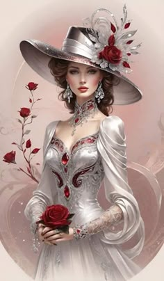 a woman in a white dress and hat with roses