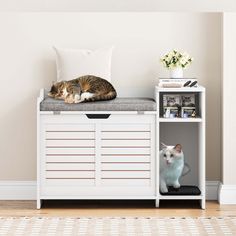 a cat laying on top of a white cabinet