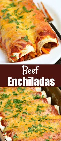 two pictures show different types of enchiladas