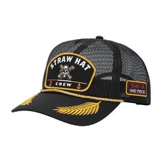 Embark on a nautical adventure with the One Piece Live Action retro full mesh hat. This gray cap, featuring a black and yellow bill, is a fusion of style and fandom. The crown proudly displays the iconic Straw Hat Crew emblem, and the white letters spell out your allegiance to the legendary crew. Made with high-quality polyester and equipped with a moisture-wicking sweatband, this hat ensures both comfort and durability. The adjustable snapback closure adds a customizable touch for the perfect f One Piece Straw Hat Crew, Straw Hat Crew, One Piece Live Action, One Piece Crew, Gray Cap, Hat Stands, Mesh Hat, Skull And Crossbones, Scarf Hat