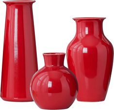 three red vases sitting next to each other