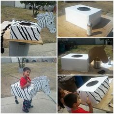 several pictures of a child playing with cardboard boxes and a zebra statue made out of toilet paper