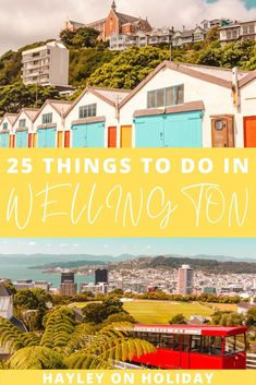 colorful buildings with the words 25 things to do in wellington on top and below it