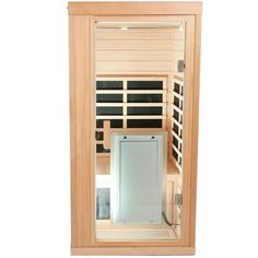 a wooden sauna with the door open