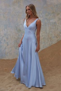 Dress Construction, Bias Cut Skirt, Bridesmaids Dress, Blue Bridesmaids, Style And Grace, Stretch Satin, Easy Wear, Pale Blue, Bridesmaid Dress