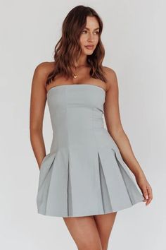 Shop the Jeziah Strapless Box Pleat Mini Dress Light Denim | Selfie Leslie Dc Outfits, Box Pleated Dress, Mini Dress Strapless, First Date Outfits, Hoco Dress, Fallen In Love, Pleated Mini Dress, Grey Dress, Princess Seams