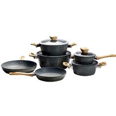 a set of black pots and pans with wooden handles on white background, top view