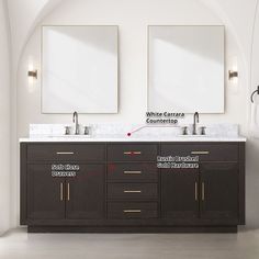 a bathroom with double sinks and mirrors on the wall above it is labeled in red