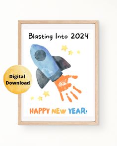 a poster with an image of a rocket ship and happy new year written on it